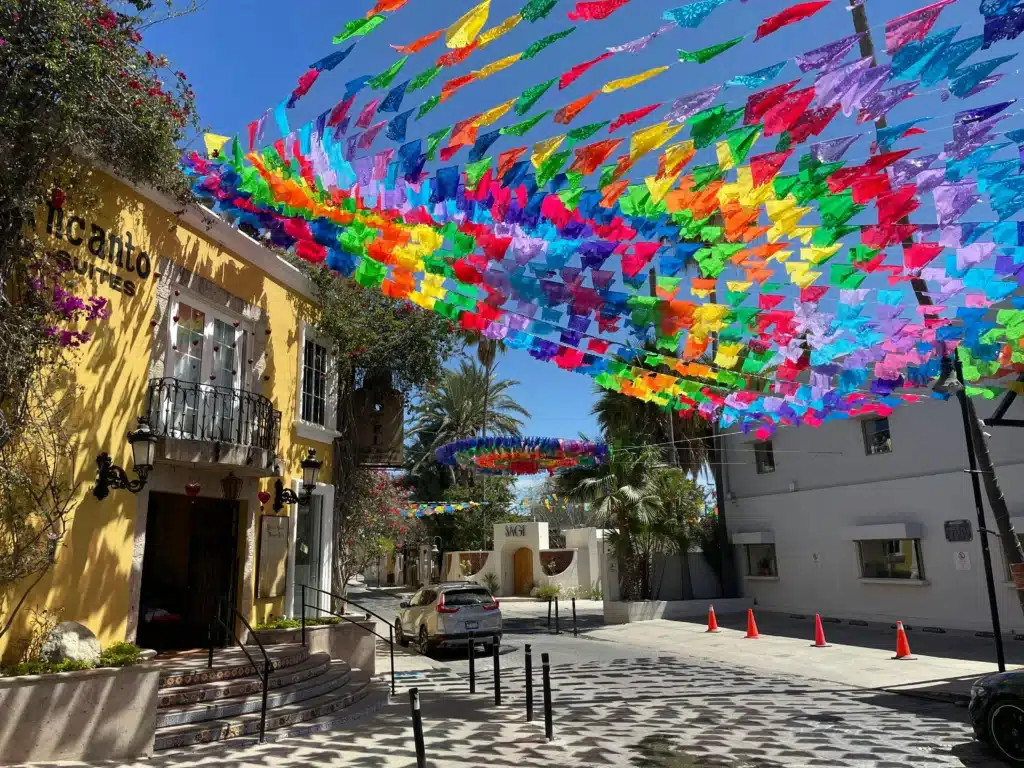 Colorful Flags Hanging over Street in San Jose del Cabo in Mexico